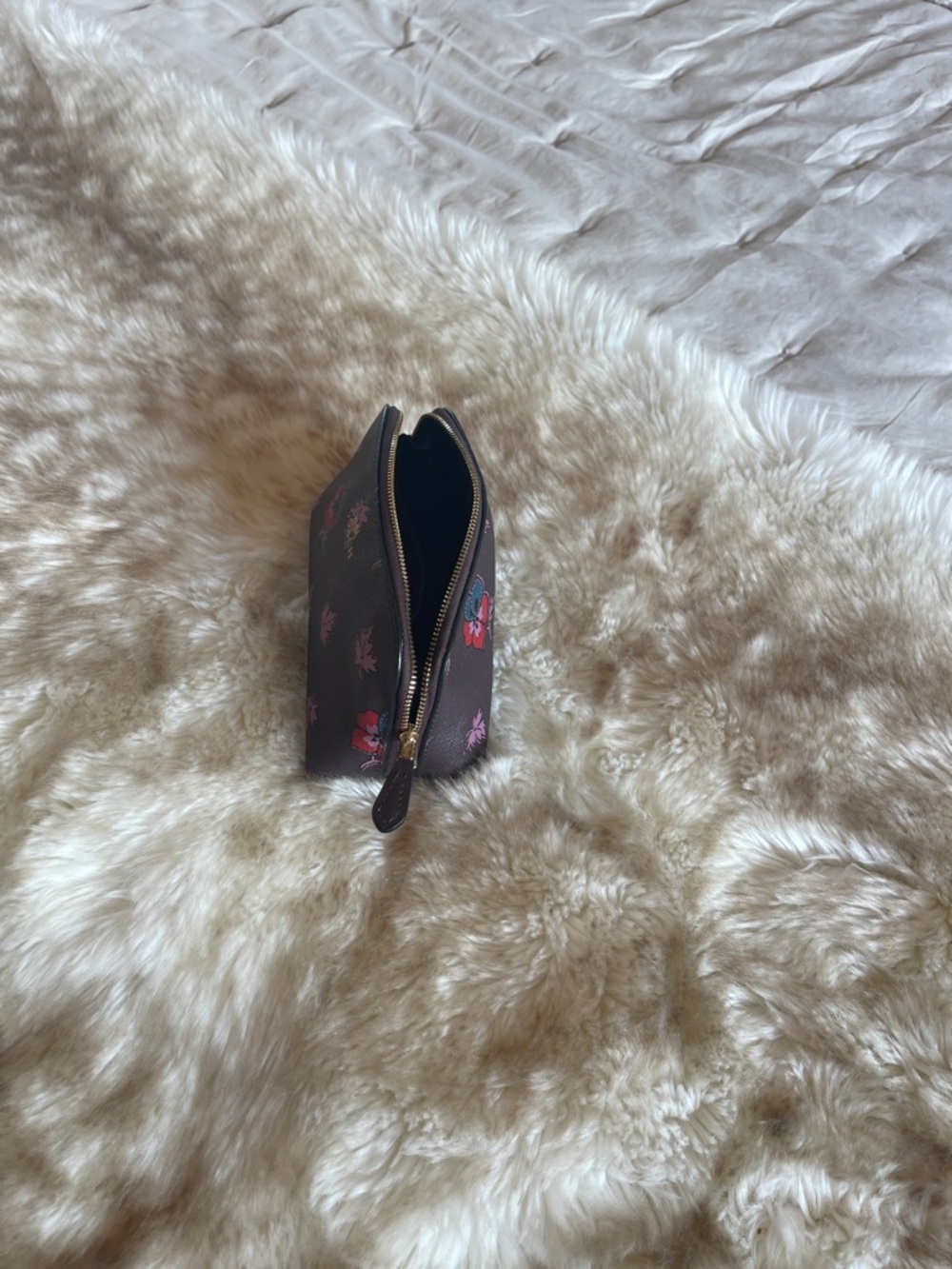 Coach Dark Brown Floral Zip Cosmetic Pouch with Pink Accents - Picture 5 of 7